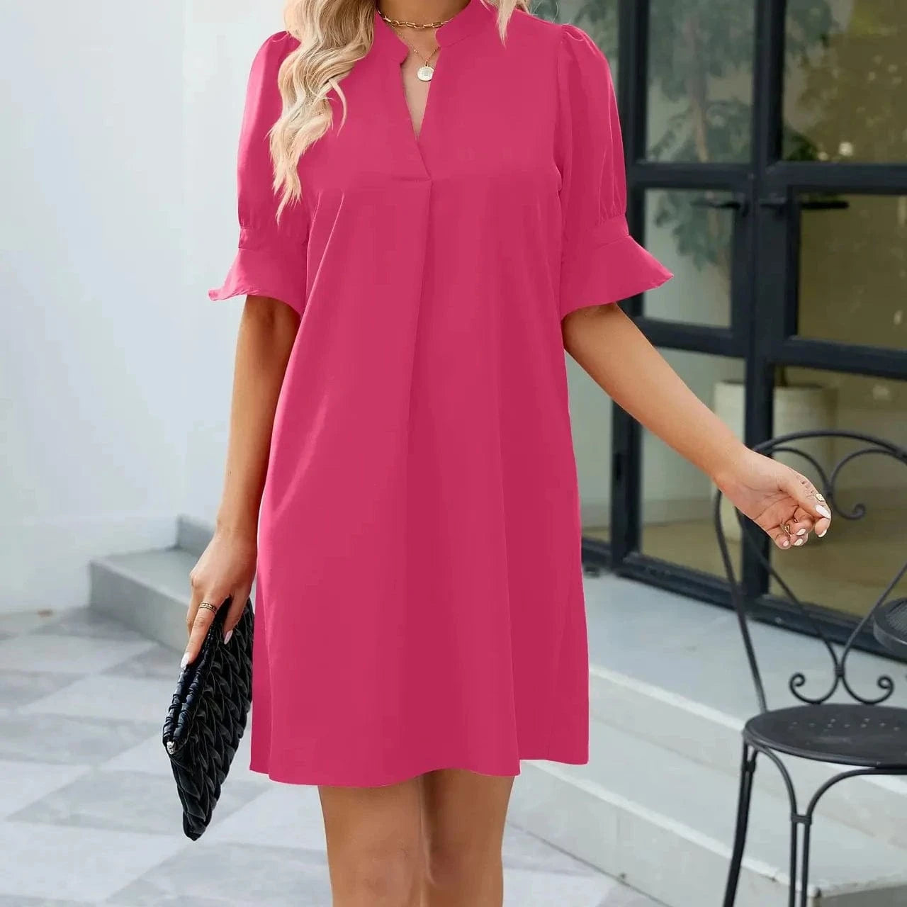 2023 Hot Sale  Women's Summer Solid Color V-Neck Loose Pleated Five-Sleeve Dress Lady's Mid-Waist Casual A-line Dress