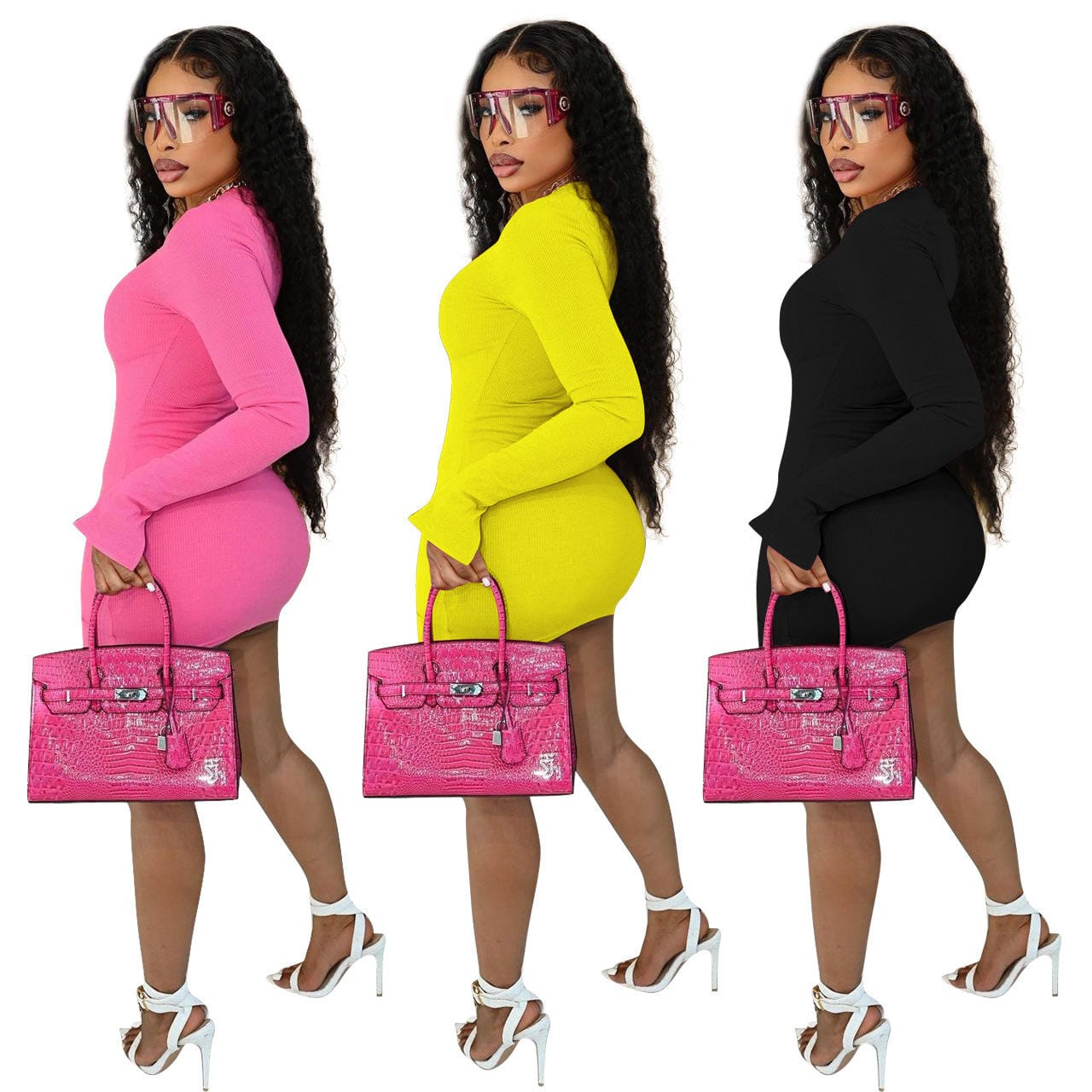 2023 Hot Selling Autumn Custom Logo Solid Color Round Neck Long Sleeve Fashion Sexy Mini Chain Dress Clothes Women