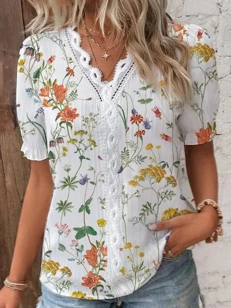 2023 Hot sSmmer V-neck Lace Stitching Printed shirt Short sleeve blouse