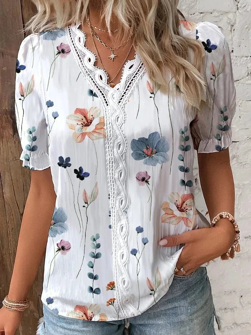 2023 Hot sSmmer V-neck Lace Stitching Printed shirt Short sleeve blouse