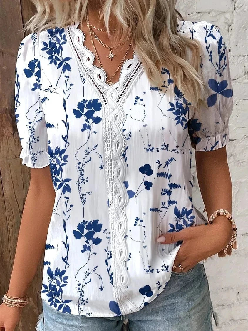 2023 Hot sSmmer V-neck Lace Stitching Printed shirt Short sleeve blouse