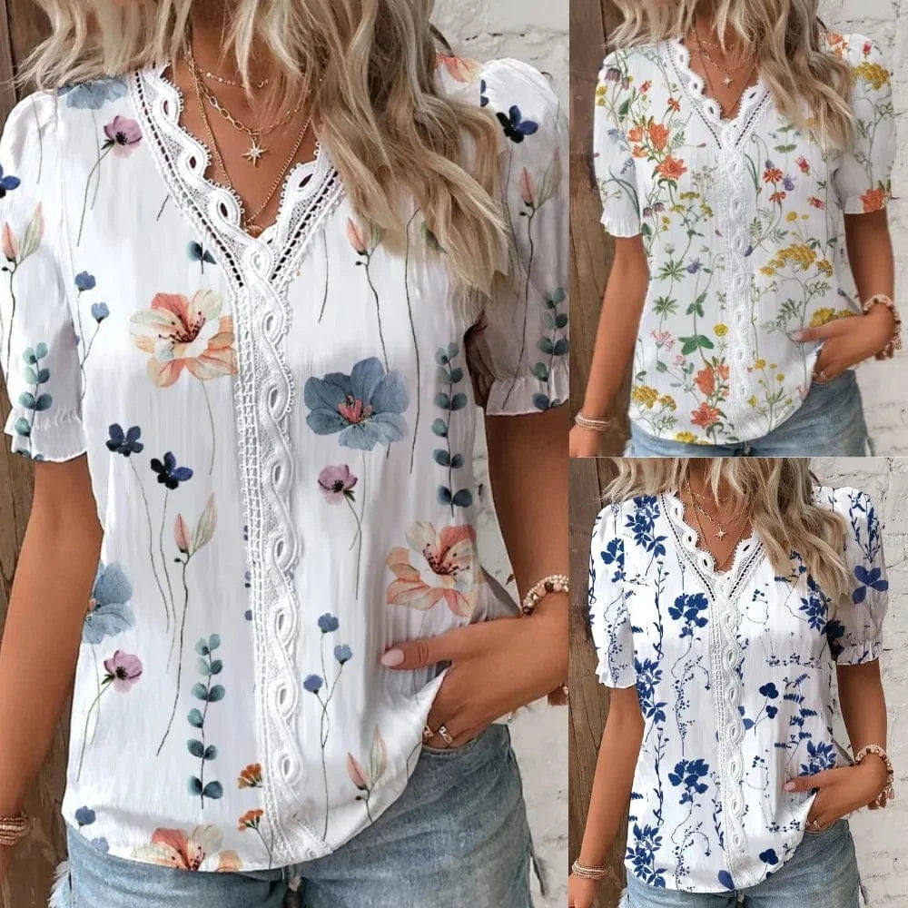 2023 Hot sSmmer V-neck Lace Stitching Printed shirt Short sleeve blouse