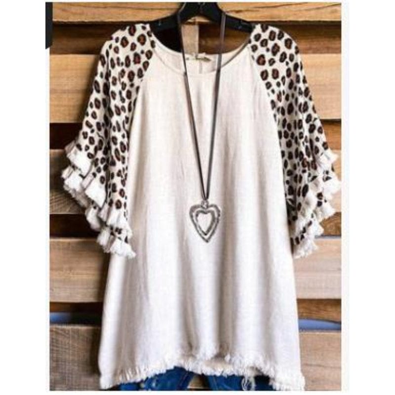 2023 Ladies Leopard Print Short Sleeve Stitching Plus Size T-shirts Women Summer Ruffle Tassel Patchwork Blouse
