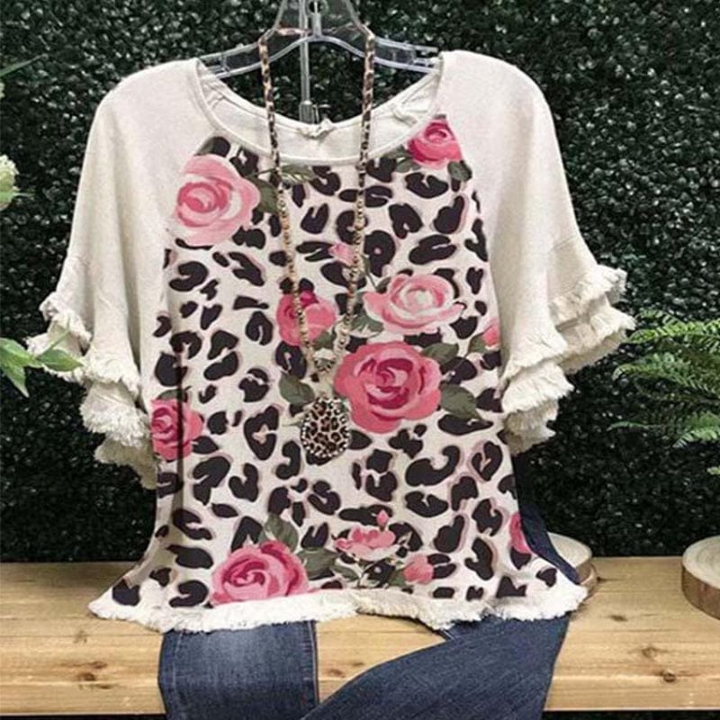 2023 Ladies Leopard Print Short Sleeve Stitching Plus Size T-shirts Women Summer Ruffle Tassel Patchwork Blouse