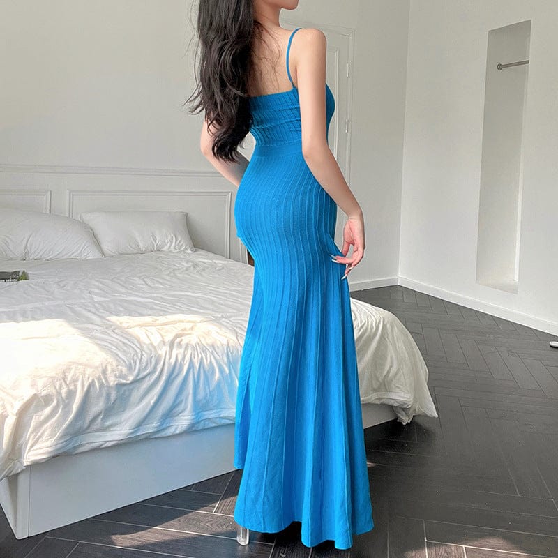 2023 Long Elegant Solid Color Slip Knitted Bodycon Maxi Dress Beach Dress Spaghetti Strap Draped Club Maxi Dress Sundress
