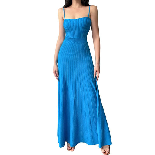 2023 Long Elegant Solid Color Slip Knitted Bodycon Maxi Dress Beach Dress Spaghetti Strap Draped Club Maxi Dress Sundress