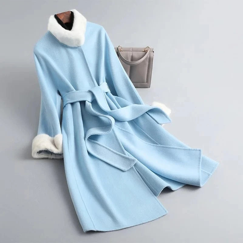 2023 Long Oversized Wool Cashmere Coat Korean Casual Mink Fur Coat With Belt