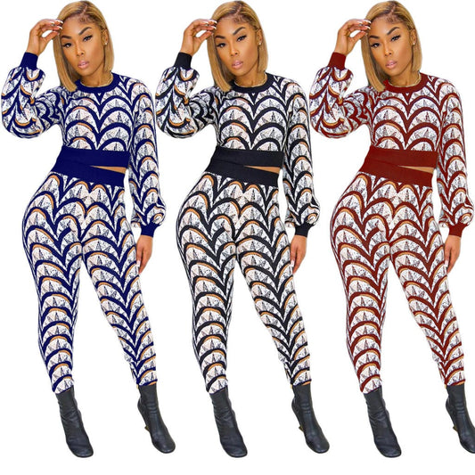 2023 New Arrival Casual Women Printed Sets Crew Neck Spliced Color Full Sleeves Ladies Sets Two 2 Piece Pants Set Outfits