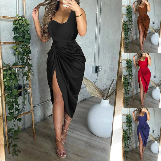 2023 New Arrival Fashion Women' Sexy Slit Irregular Dresses Pleated Off-Shoulder Evening Women's Dresses