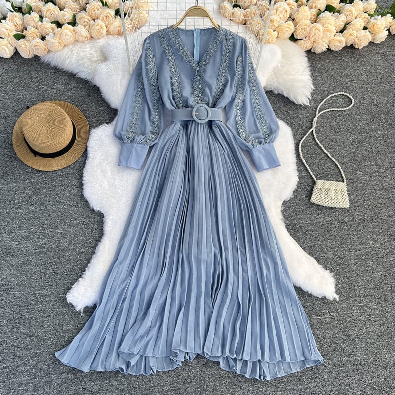 2023 New Arrival Spring Elegant V Neck Puff Sleeve Lace Patchwork Back Zipper Ruched Lower Hem Chiffon Dress For Women