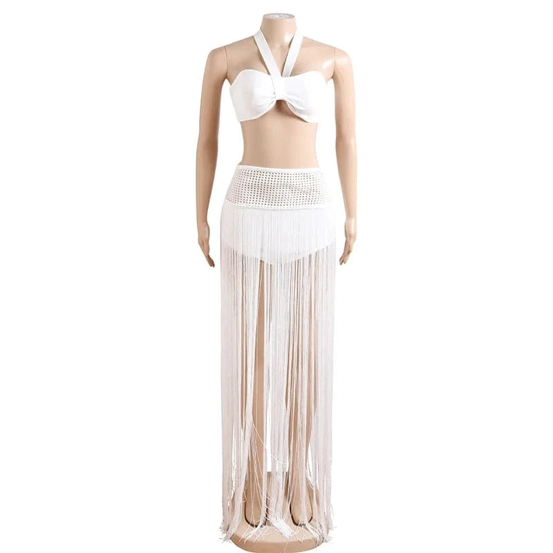 2023 New Arrival Summer Ladies Two Piece Outfits Fringe Skirt White Beach Wear