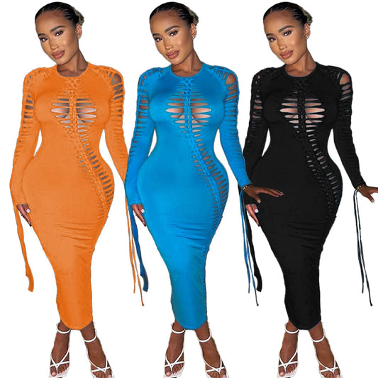 2023 New Arrival Women Fall Dresses For Women Sexy Long Sleeve Dresses Cut Out Lace Up Sexy Bodycon Maxi Dress