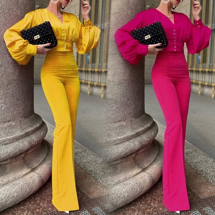 2023 New Arrival Women's Fashion Sexy 2 Two-piece Set Puff Long Sleeve Elegant Work Suits High Waist Flared Trousers Pants Set