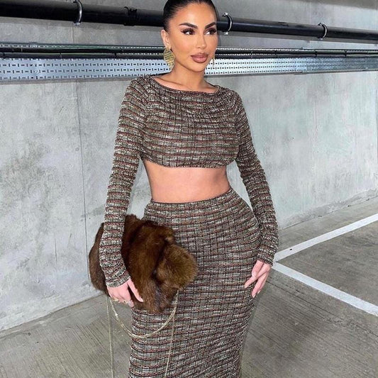 2023 New Arrival Women Set Wholesale Autumn 2 Piece Set Women Fall 2023 Long Sleeve Sexy Backless Maxi Skirt Set