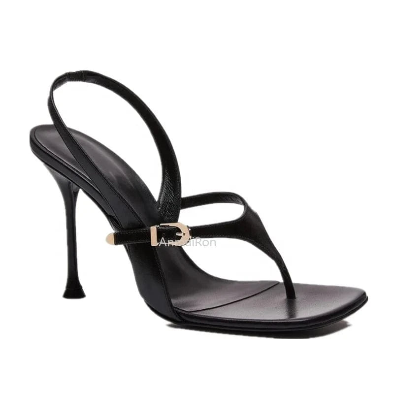 2023 New arrivals luxury sexy black leather strap thin heel designer thong sandals for women and ladies heel shoes