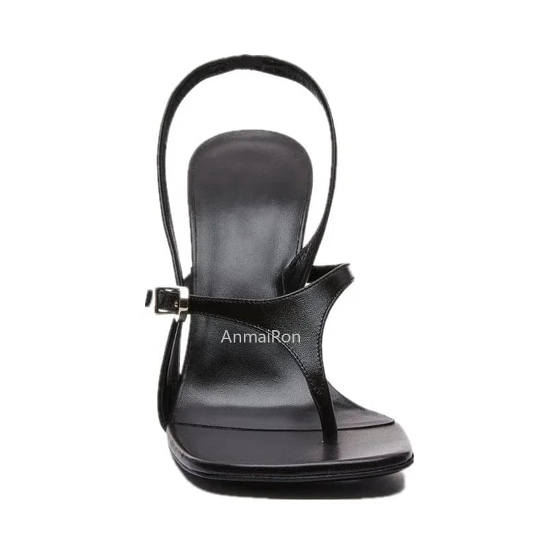 2023 New arrivals luxury sexy black leather strap thin heel designer thong sandals for women and ladies heel shoes