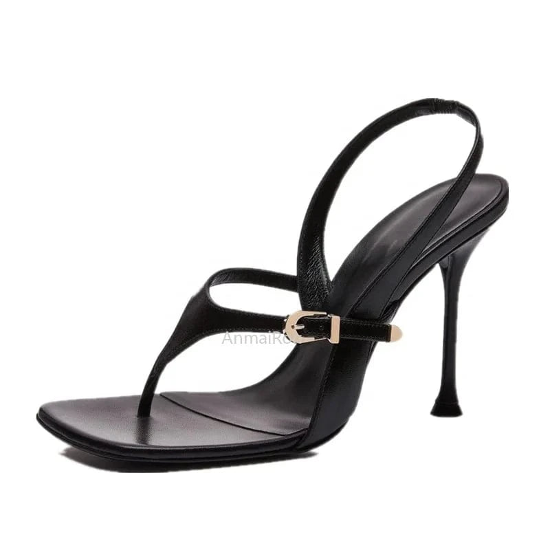2023 New arrivals luxury sexy black leather strap thin heel designer thong sandals for women and ladies heel shoes