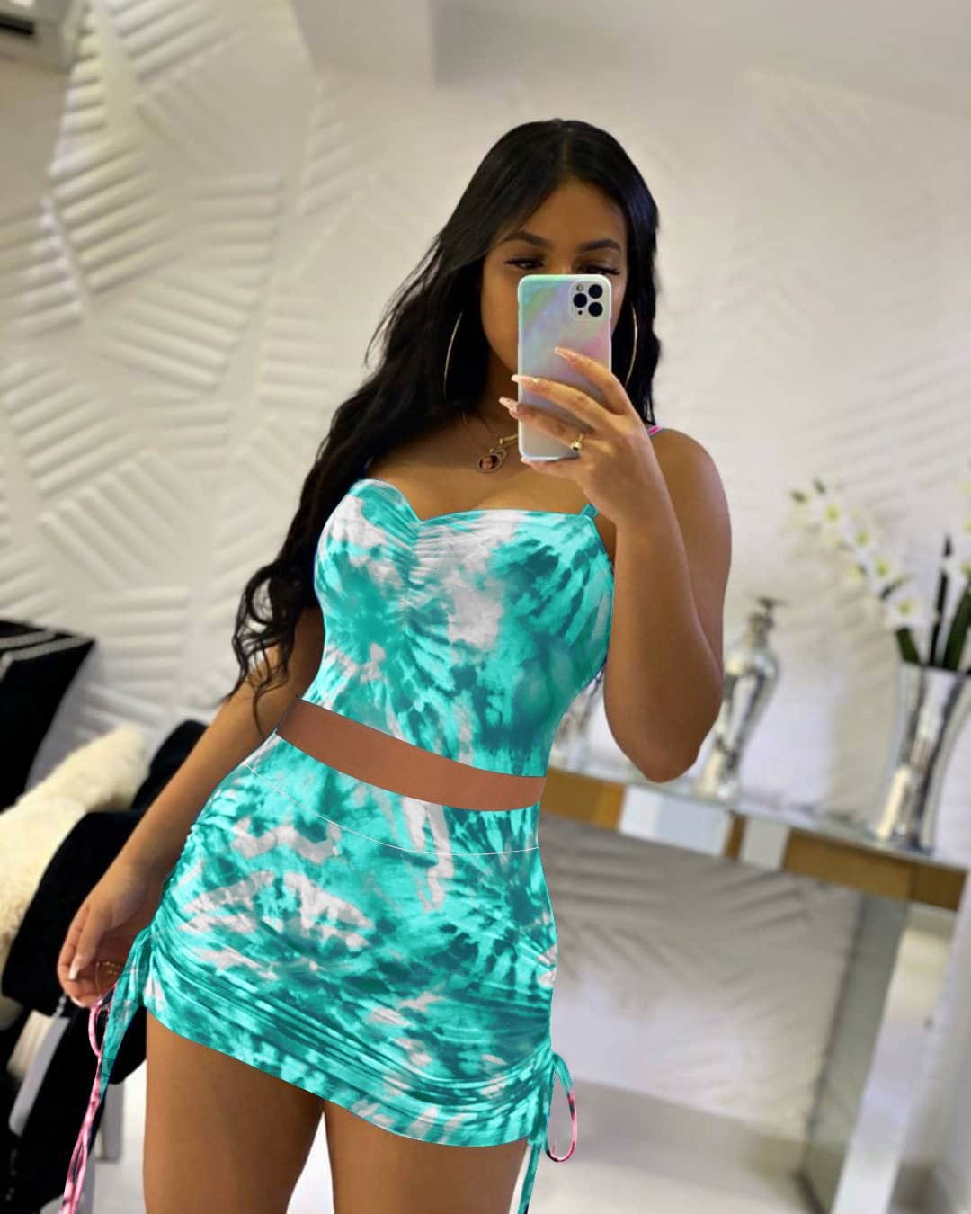 2023 New Arrivals Sexy Women Tie Dye 2 Piece Skirt Set  And Bandage Casual Dress Set  summer  2 piece women set clothing