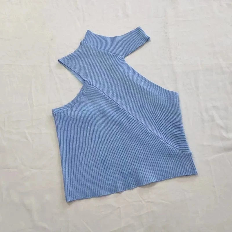 2023 New Arrivals Solid Knitted Bevel One Shoulder Women's Tank Tops  New Design Sexy Women Sweater