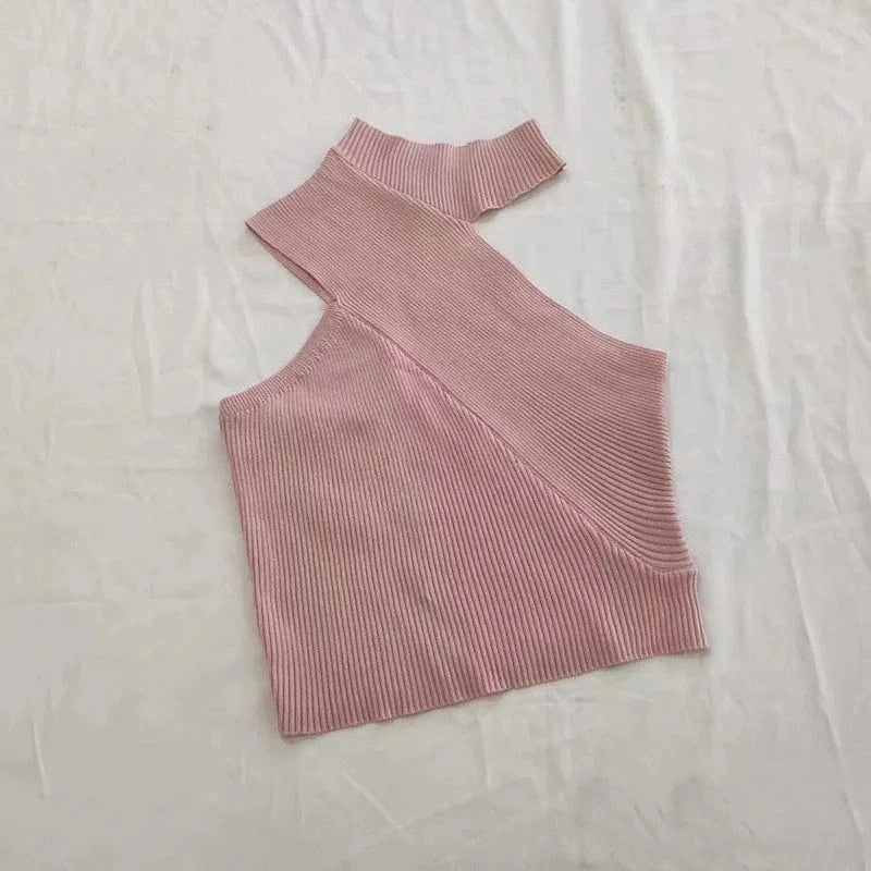 2023 New Arrivals Solid Knitted Bevel One Shoulder Women's Tank Tops  New Design Sexy Women Sweater
