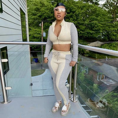 2023 New Arrivals Spring Women Clothes Patchwork Women Two piece Sets Stand Collar Casual 2 Piece Outfits For Women