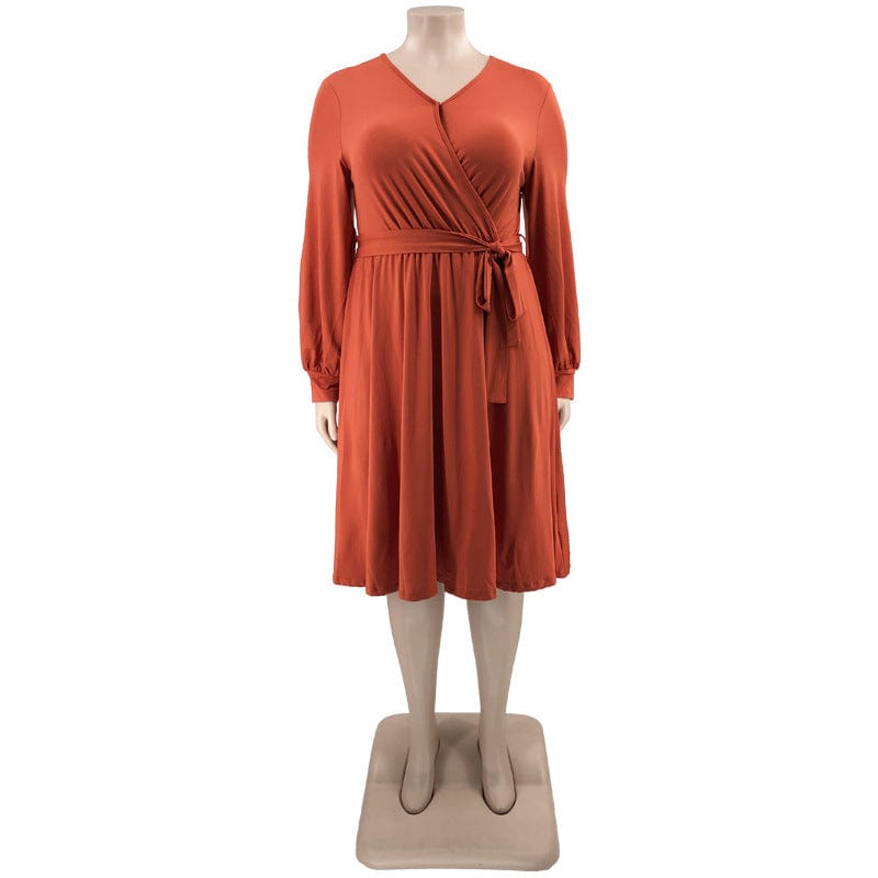 2023 New Arrivals Spring Women Clothing Solid Color V Neck Lace Up Belt Loose Casual Knee Length Knit Plus Size Dress