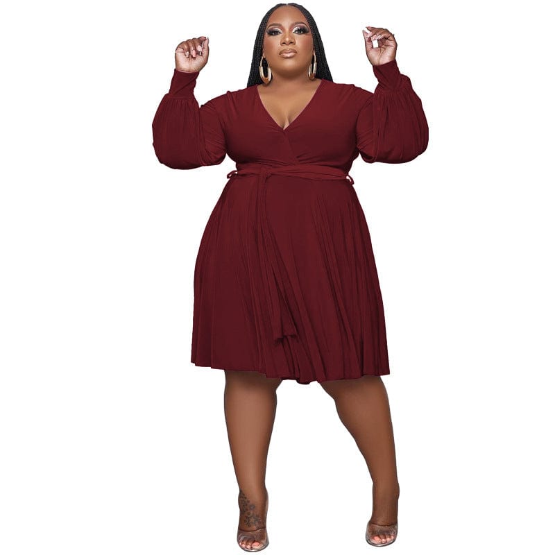 2023 New Arrivals Spring Women Clothing Solid Color V Neck Lace Up Belt Loose Casual Knee Length Knit Plus Size Dress