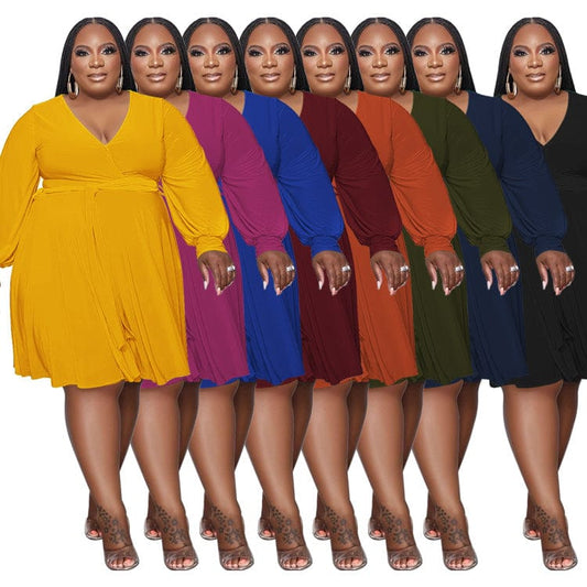 2023 New Arrivals Spring Women Clothing Solid Color V Neck Lace Up Belt Loose Casual Knee Length Knit Plus Size Dress