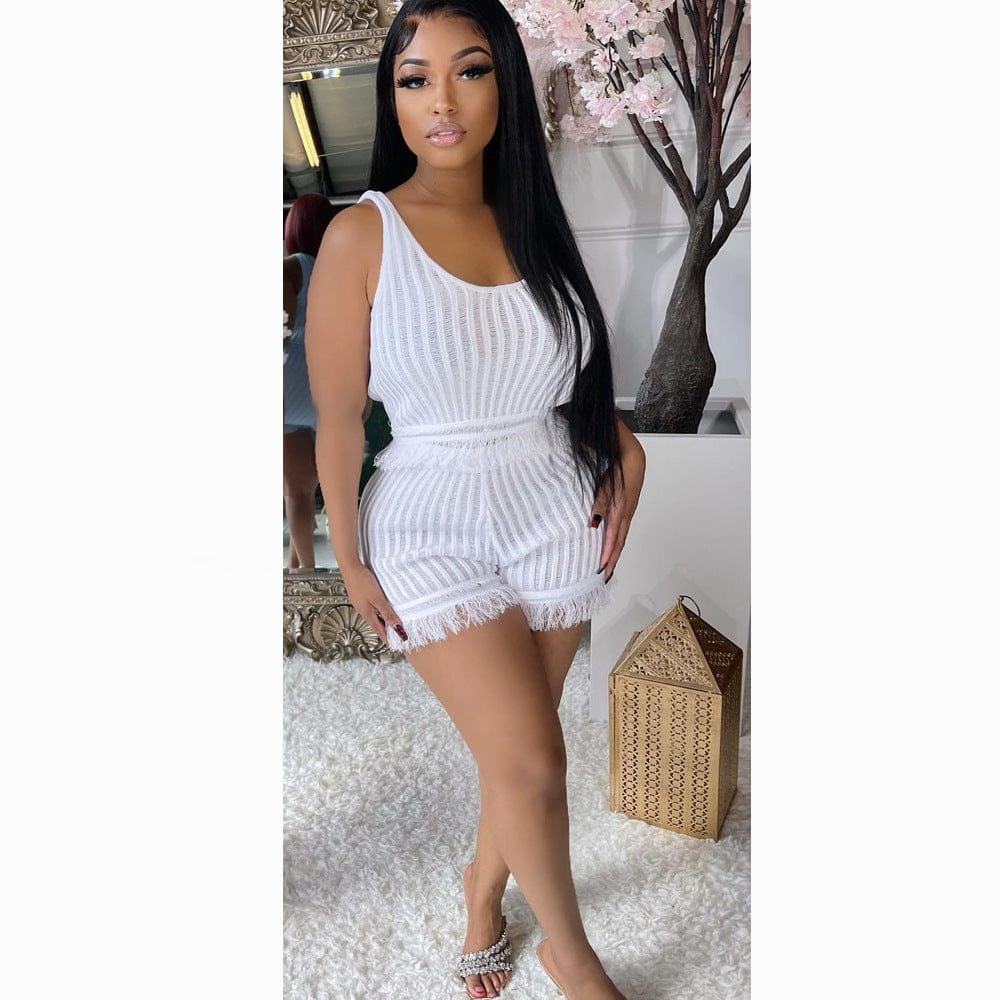 2023 New Arrivals Tassel Two Piece Tank Top Shorts Solid Knit 2 Piece Shorts Set Summer Clothes For Women