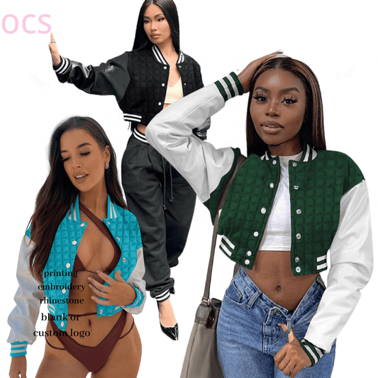 2023 New Arrivals Woman Towels Cropped Leatherman Jacket Long Sleeves Coats Blank Varsity Baseball Bomber Jacket Custom