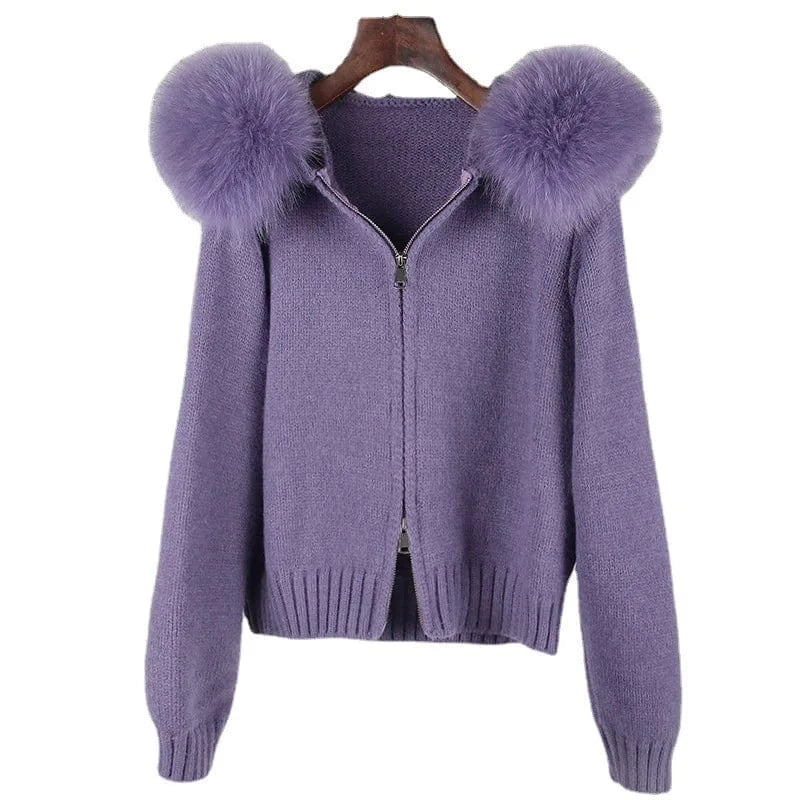 2023 New Autumn And Winter Leisure Hooded Real Fox Fur Collar Fashion All-Match Sweater Outer Fur Coat For Women