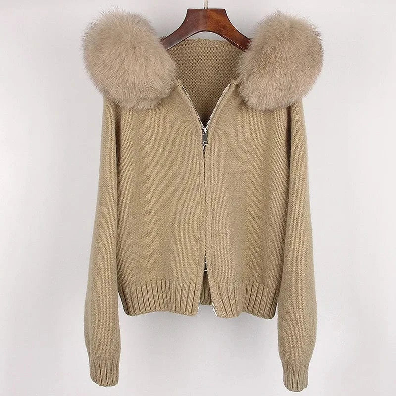 2023 New Autumn And Winter Leisure Hooded Real Fox Fur Collar Fashion All-Match Sweater Outer Fur Coat For Women