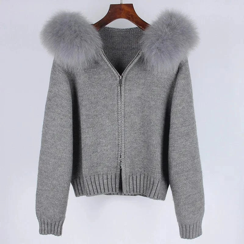 2023 New Autumn And Winter Leisure Hooded Real Fox Fur Collar Fashion All-Match Sweater Outer Fur Coat For Women