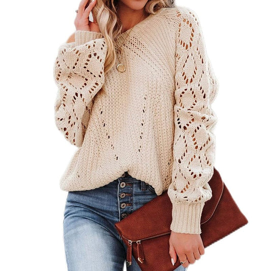 2023 New Autumn Women Fall Long Solid Color Puff Hollow Out Sleeve Pullover Sweaters Plus Size Chenille Tapestry Sweaters Tops