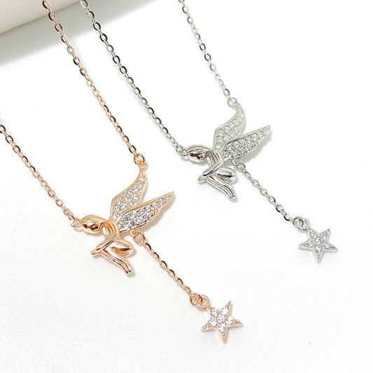 2023 New coming 925 Sterling Silver 18K Gold Plated  Cubic Zirconia sublimation Angel Wing StarTassel Pendant Necklace