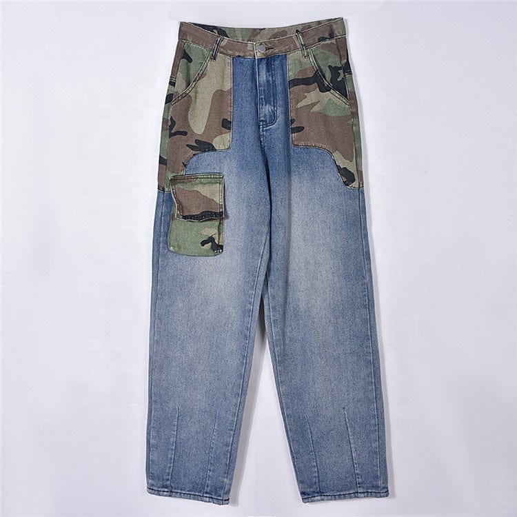 2023 New Design Camo Patchwork Jeans Women Casual Cargo Pocket Denim Pants Spring Trousers For Women