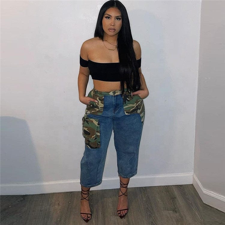 2023 New Design Camo Patchwork Jeans Women Casual Cargo Pocket Denim Pants Spring Trousers For Women