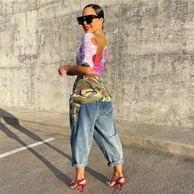 2023 New Design Camo Patchwork Jeans Women Casual Cargo Pocket Denim Pants Spring Trousers For Women