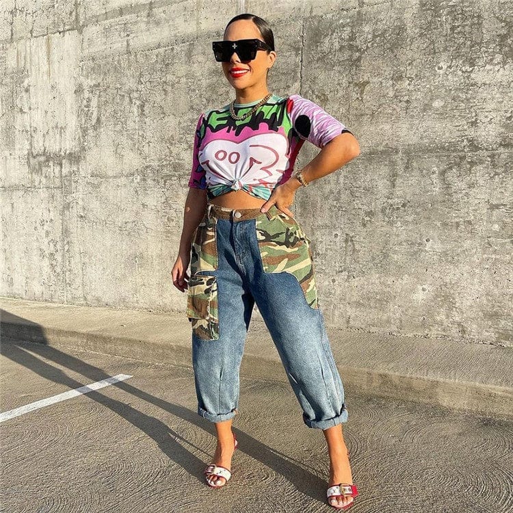 2023 New Design Camo Patchwork Jeans Women Casual Cargo Pocket Denim Pants Spring Trousers For Women