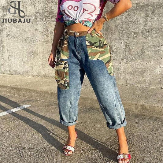 2023 New Design Camo Patchwork Jeans Women Casual Cargo Pocket Denim Pants Spring Trousers For Women
