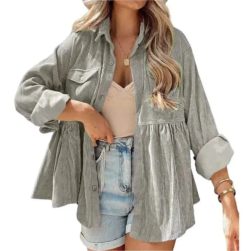 2023 New European and American Cross-border Women's long-sleeved Corduroy ruffled shirt Top buckle shirt For women