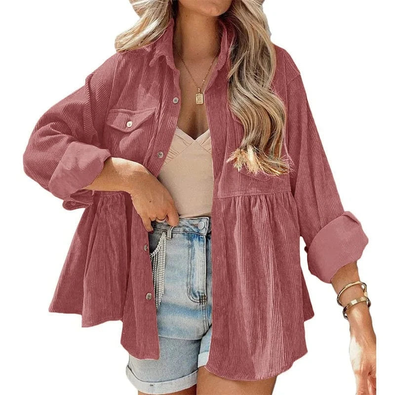 2023 New European and American Cross-border Women's long-sleeved Corduroy ruffled shirt Top buckle shirt For women