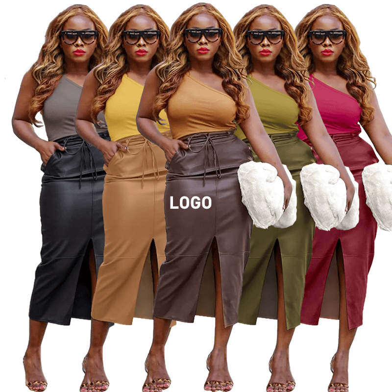 2023 New Fall Women Clothing Trendy Drawstring Split Skirt Stretch Midi Leather Skirt For Ladies