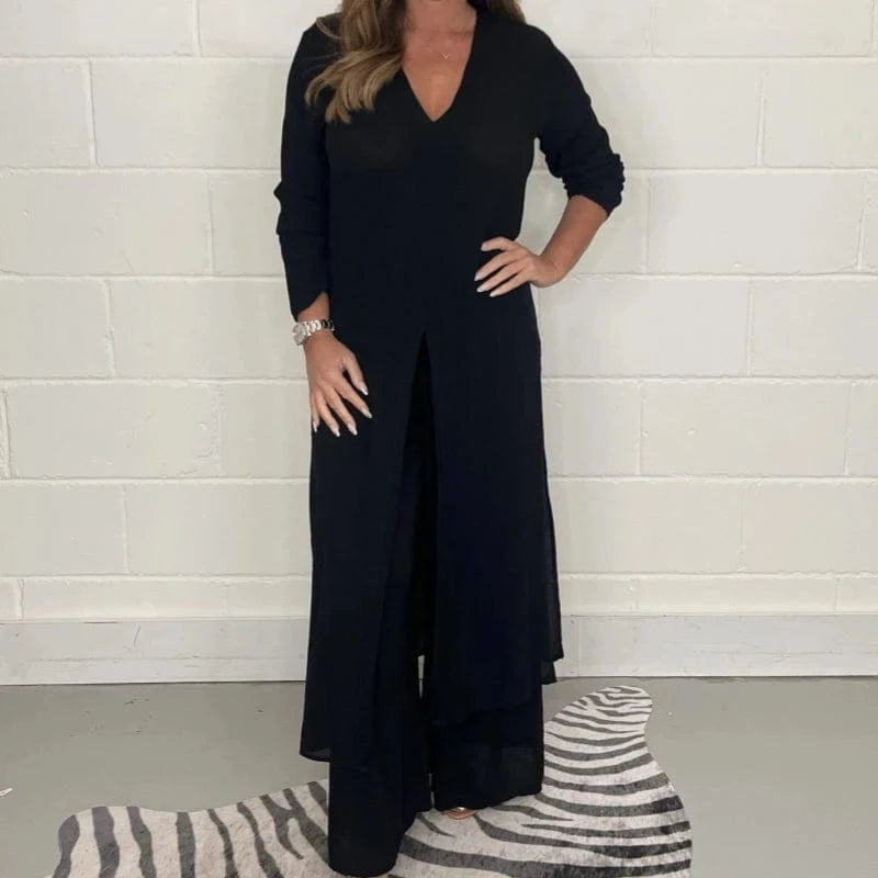 2023 New Fashion Casual Comfortable Elegant Two Piece Split Long Shirt And Pants Sets Women