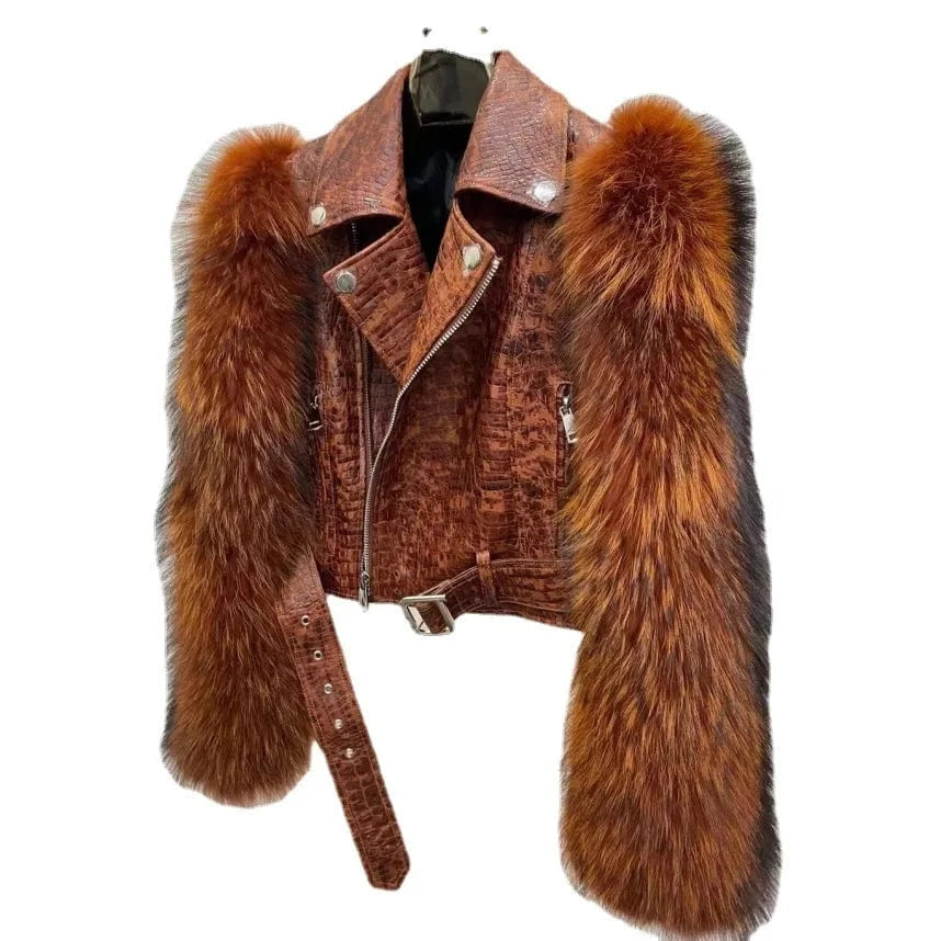 2023 New Fashion Crocodile Pattern Sheepskin Patent Leather Short Temperamental Genuine Leather Fur Integrated Coat