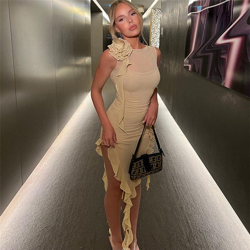 2023 New Fashion Spring Summer Women's see-through mesh sexy solid color backless lace-up patchwork dress for women