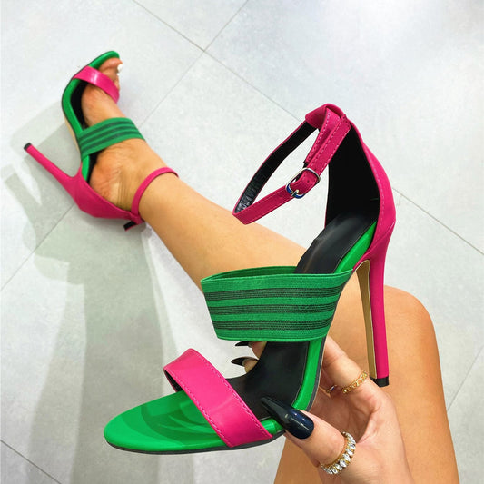 2023 New High Heel Sexy Women's Sandals Green and Red Contrast Color Leggings Roman Style Women's Sandals