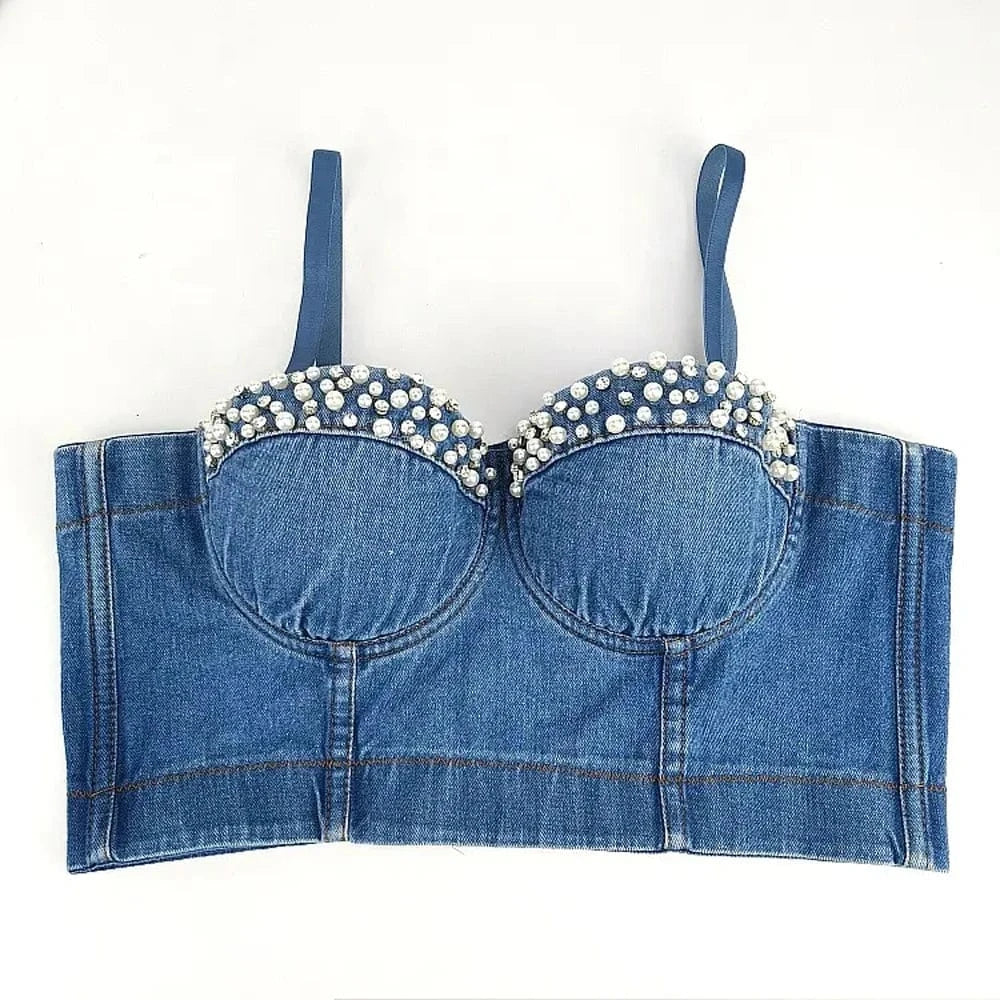 2023 New Ladies fashion corset tops Pearl Accessories Denim corsets tops for women's Sexy