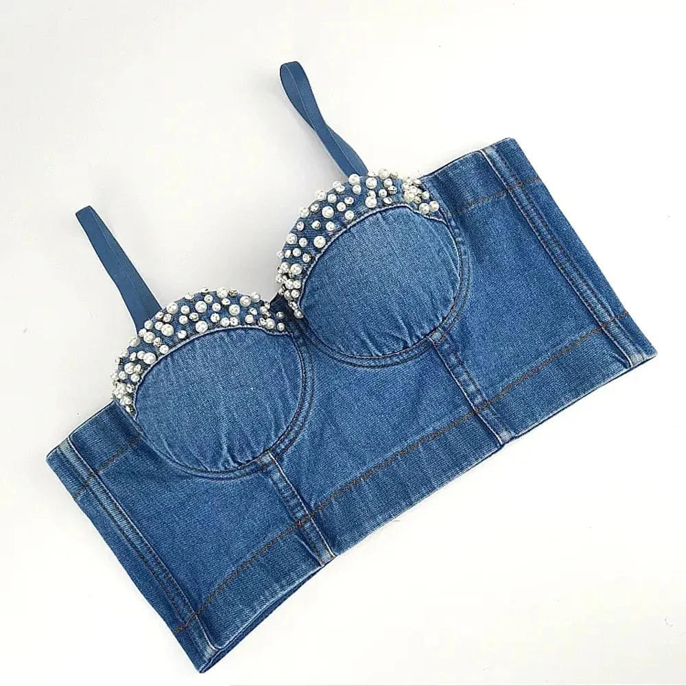2023 New Ladies fashion corset tops Pearl Accessories Denim corsets tops for women's Sexy