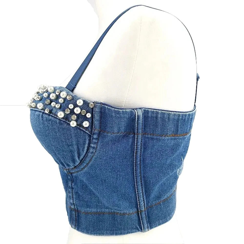 2023 New Ladies fashion corset tops Pearl Accessories Denim corsets tops for women's Sexy